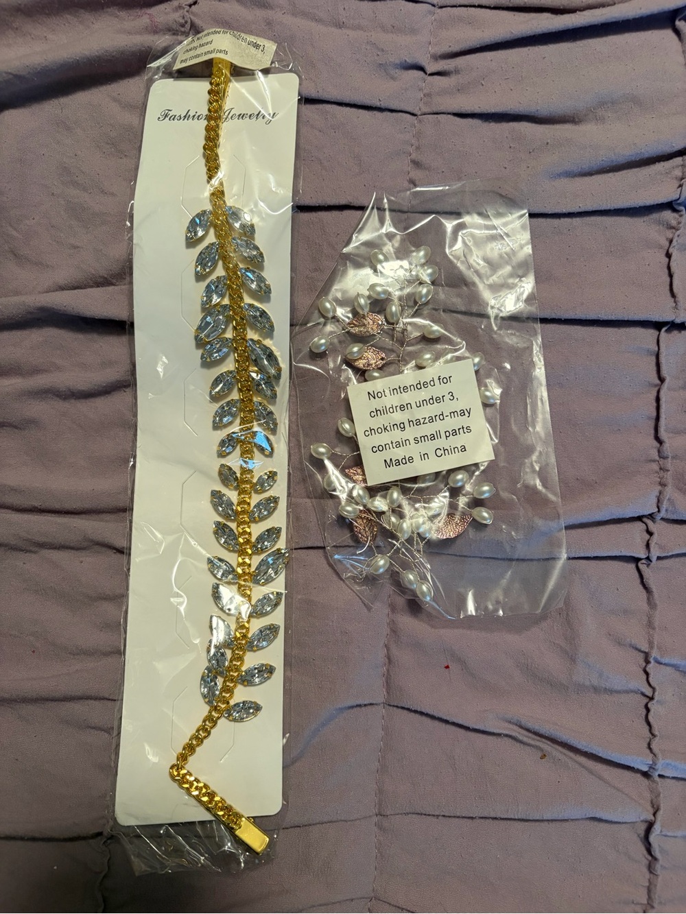 Weissman Gold Leaf and Clear Crystal Hair Vine and faux pearl hair piece